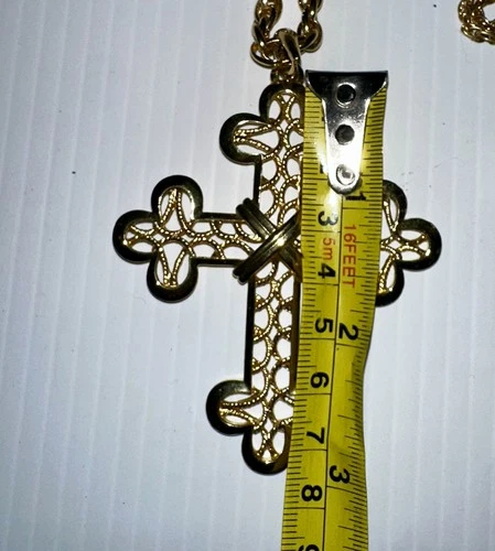 Vintage Costume jewelry Large Cross Necklace Gold Tone w Chain