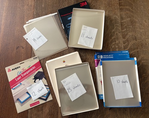 Transparency Film, assorted. Lot of open boxes. 72 sheets from Avery, 3M, Apple.