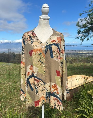 CITRON SANTA MONICA ASIAN INSPIRED 3/4 SLEEVE SILK Bird Art to wear BLOUSE L - Picture 1 of 8