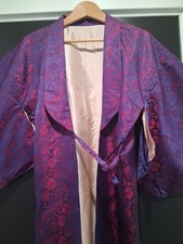 Women's Handmade Silk Kimono Double-Sided Floral Pink Navy Gold Robe Japanese