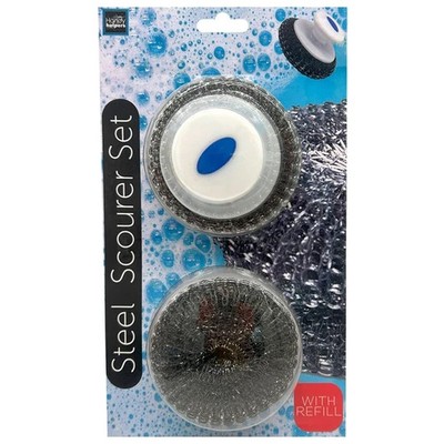 Handy Helpers Steel Scourer Set, Stainless Steel, with Handle and Refill, 3 PCS