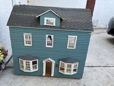 Vintage Blue Wooden Two-Story Cottage Style Handmade Dollhouse w/ Bay Windows &