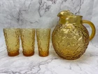 Vintage Anchor Hocking Lido Milano Amber Ball Pitcher Crinkle with 3 Tumblers