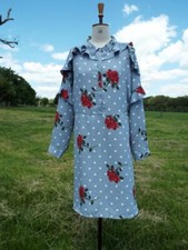 ASOS CURVE Blue Spotted Floral Long Sleeve Ruffle Dress Lined Plus Size 26 BNWT
