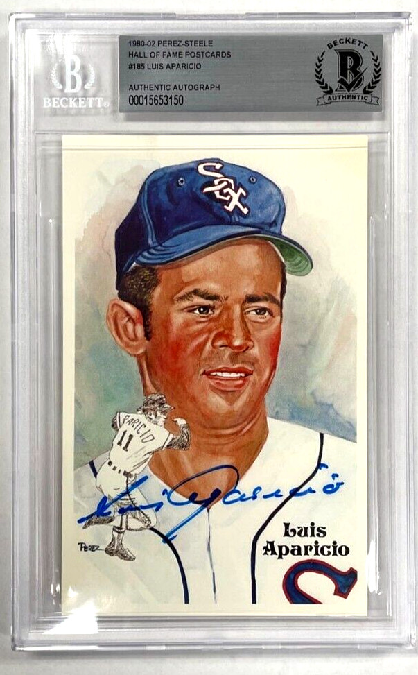 Luis Aparicio Signed Perez-Steele Hall Of Fame Postcard Beckett Slabbed Auto BAS