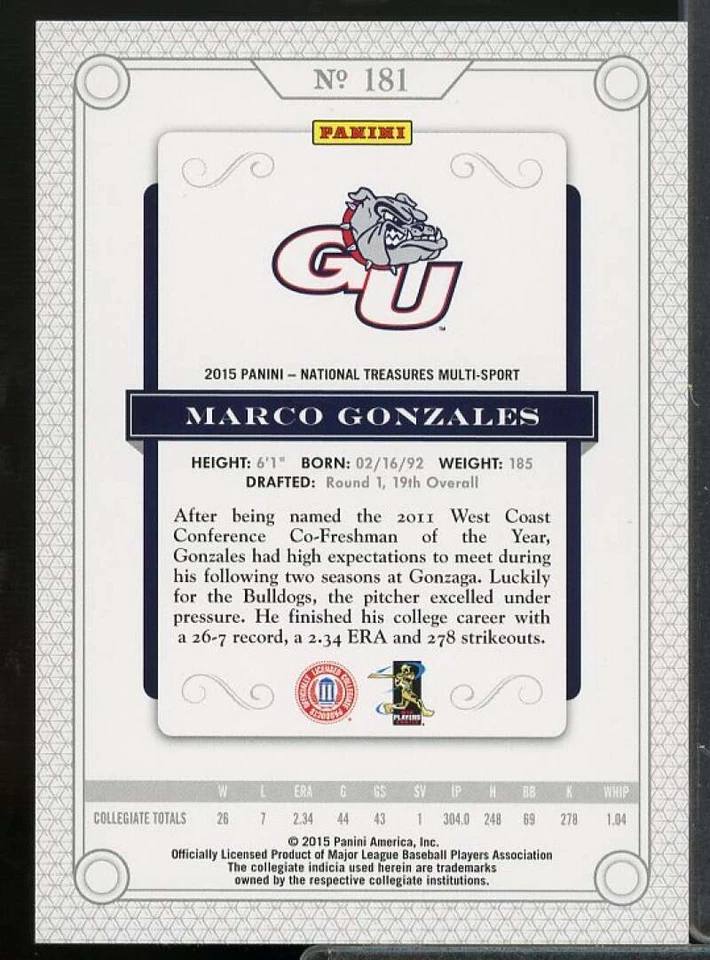 Marco Gonzales Rookie 2015 Panini National Treasures Collegiate Multisport #181  - Image 2 of 2