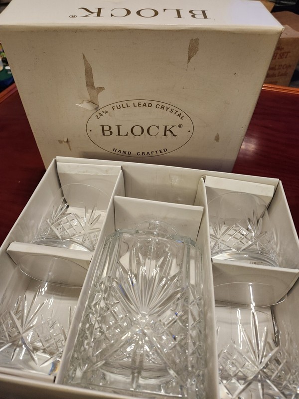 Vintage Hand Made BLOCK Lead Crystal Decanter & 4 Tumblers  Forum Whiskey Set