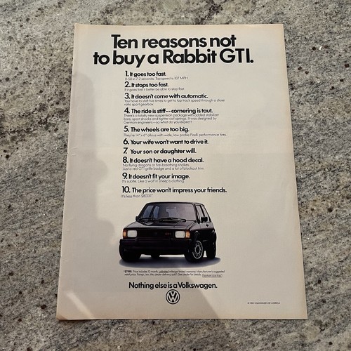 1982 Volkswagen VW Rabbit GTI Print Ad Original Vintage Nothing Else Is A VW