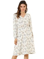 Damen Langarm A Linie V Ausschnitt Blumen Midikleid Kleid Neu