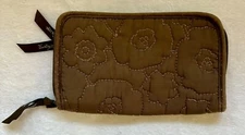 Thirty- One  Zip Around Soft Wallet , Brown Quilted Poppy Flower Stitched Detail