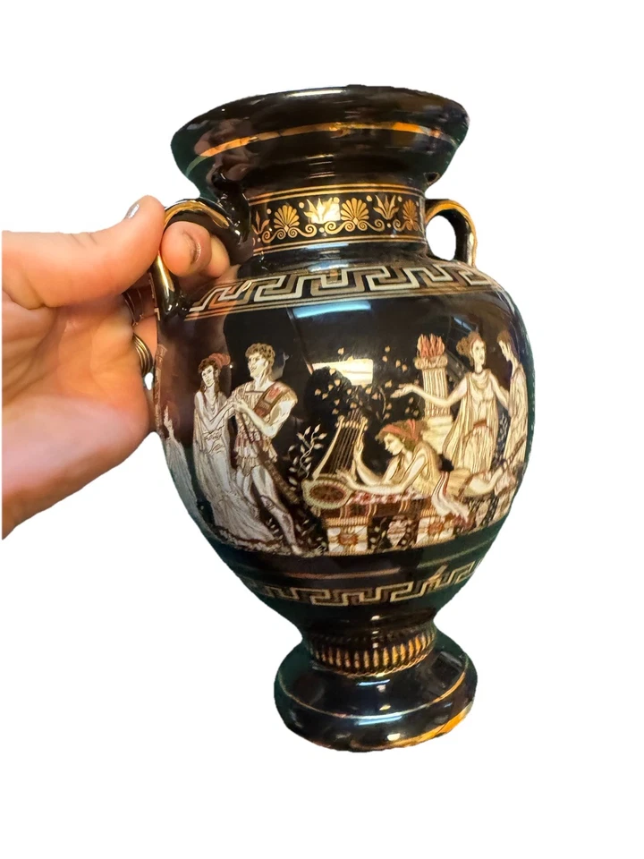 Handmade Greek Olympia Amphora Vase Black Figural Scene 24k Gold Ancient Greece - Image 4 of 4
