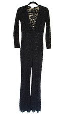 Vintage 1990s Lips, Inc. Black Lace Flare Jumpsuit S Women Sheer Plunge V-Neck