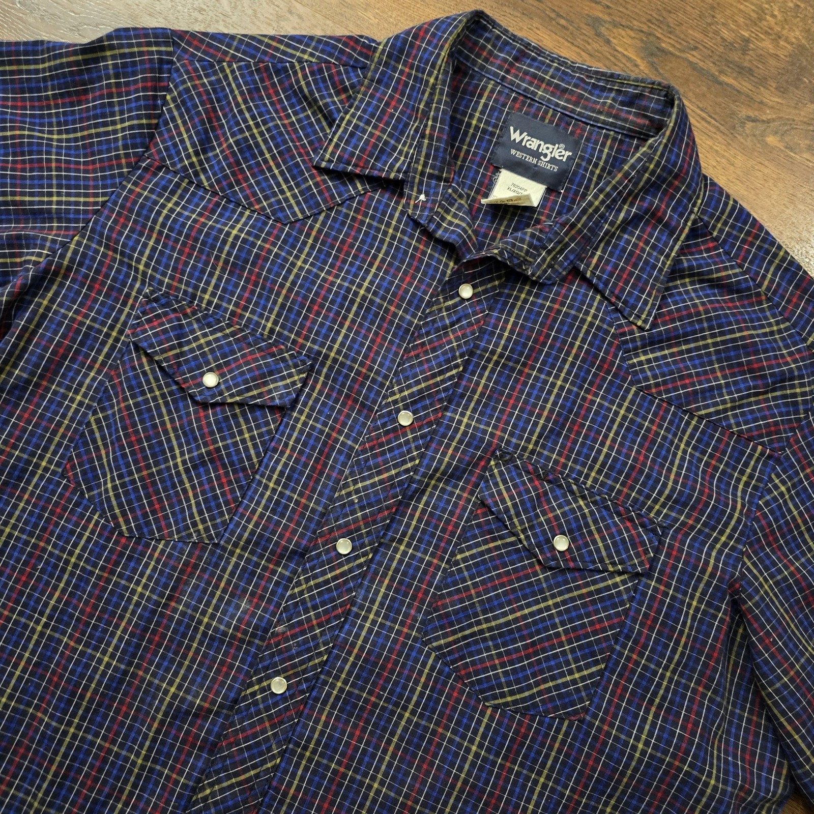 Wrangler Shirt Mens XL Blue Plaid Western Pearl Snap Short Sleeve Casual