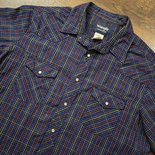 Wrangler Shirt Mens XL Blue Plaid Western Pearl Snap Short Sleeve Casual