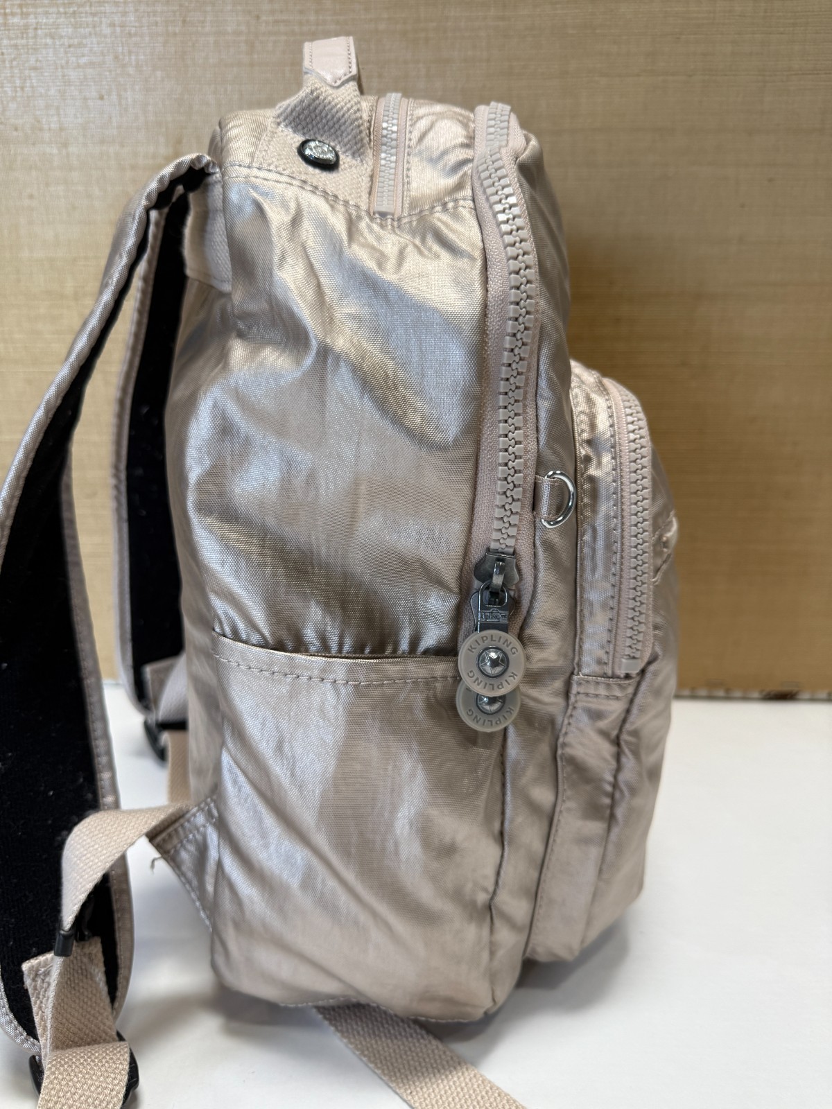 Kipling Metallic Beige Mini Backpack Zippered Poc… - image 4