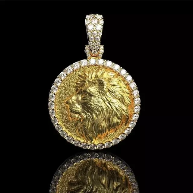 14K Yellow Gold Plated 1.50Ct Round Cut Real Moissanite Lion Men's Style Pendant - Image 3 of 4