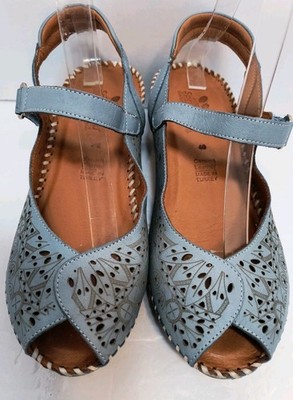 Spring Step Santonio Blue Leather Slingback Wedge Sandals Women's Size 40 US 9