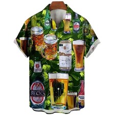 Mens Button Down Shirts Beer Drink Pub Printed Hawaiian Tops Novelty Ugly Gift