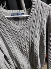 Vintage Polo Ralph Lauren Cable Knit Sweater V Neck Gray Pony Logo Size 2XL