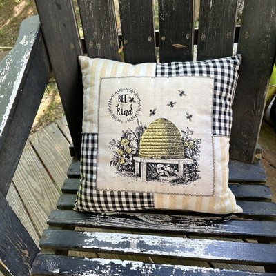 The Farmhouse Rachel Ashwell Pillow Be kind 16x16 Yellow black Bee Hive check