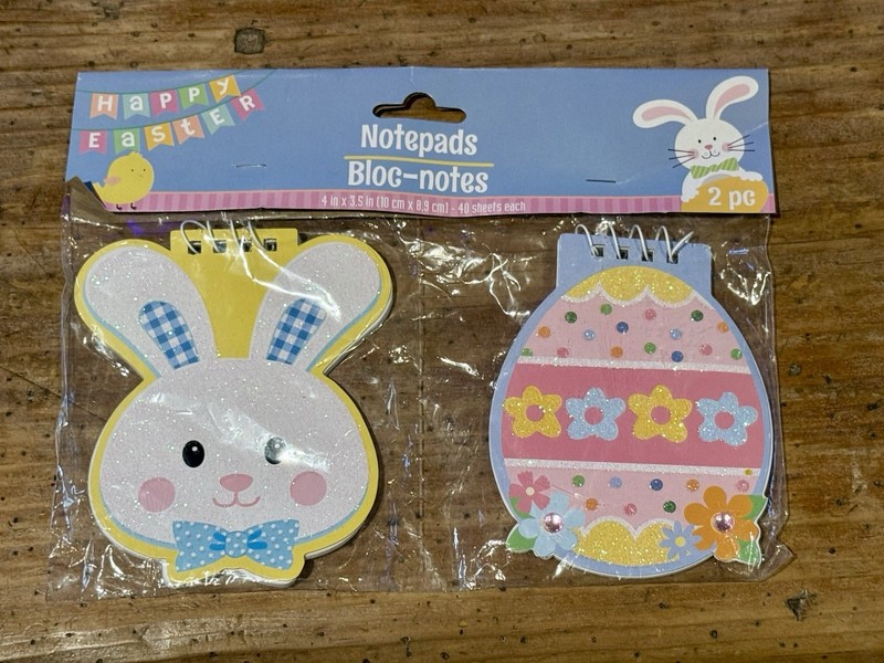 Happy EASTER NOTEPADS Pkg of 2 BUNNY + EGG Spiral 40 Sheets Each 4” Tall NWT