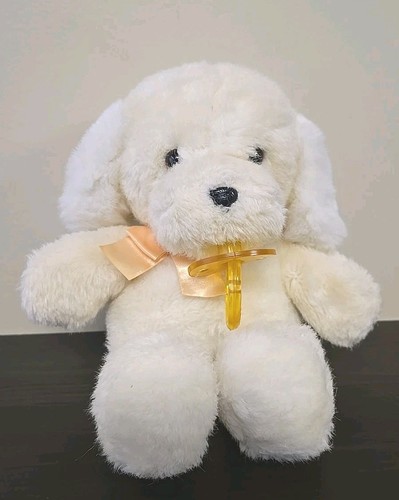 VGN 1987 Dakin Musical Wind Up Dog White Puppy w/ Pacifier Plush Baby Toy 12”