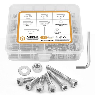 1/4-20 Hex Socket Head Cap Screw,  175PCS UNC Hexagon Bolts Washers Nuts Assort