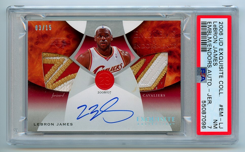 LeBron James 2006-07 EXQUISITE EMBLEMS AUTO PATCH /15 PSA 7 POP 1 NONE HIGHER 