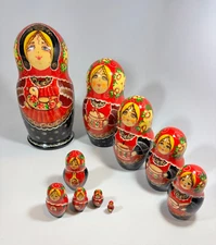Unique 10" Russian Nesting Doll Hand Painted Red Duck Babushka Set of 10 Signed