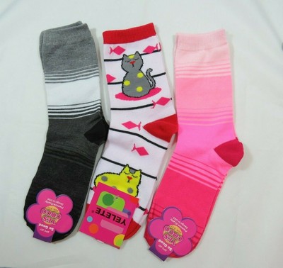 3 Pk Kitty Cat Stripes White Gray Crew Socks Hot Pink Ladies Size 9-11 Kitten
