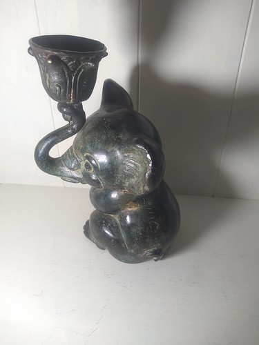 Metal Bronze Baby Elephant Trunk Up Candle Holder Good Luck - Picture 5 of 9