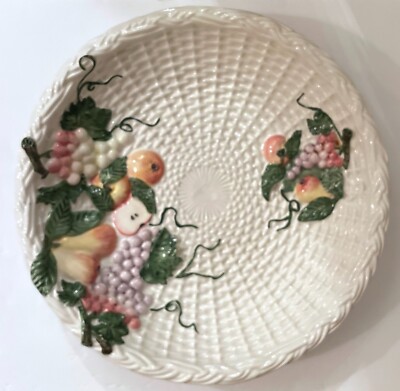 Vintage White Glazed Ceramic Basketweave Serving Bowl Fall Fruit Design Italy