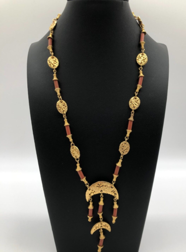 Vintage Boho-Stil Halskette mit goldfarbenen Scheiben & Rost Perlen hängelnder Charm - Bild 1 von 7