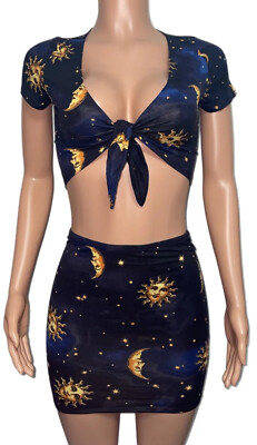 Navy 2 Pc sun moon Tie top Micro Mini Skirt set Fairy-core rave party Barbiecore