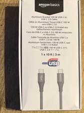 Amazon Basics Aluminum Braided 100W USB-C To USB-C 2.0 Cable 10 Ft 3M New