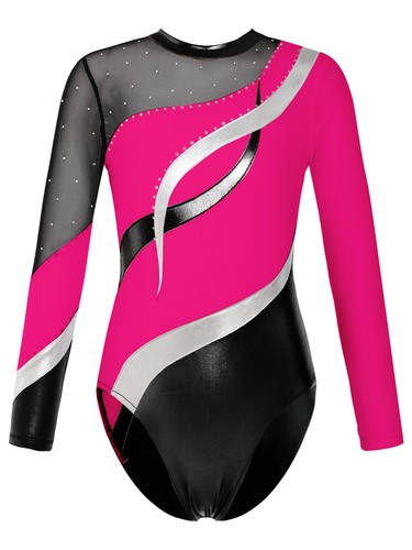 US Girl's Shiny Dance Outfits Long Sleeve Gymnastics Leotard Rhinestone Jumpsuit - Picture 52 of 89