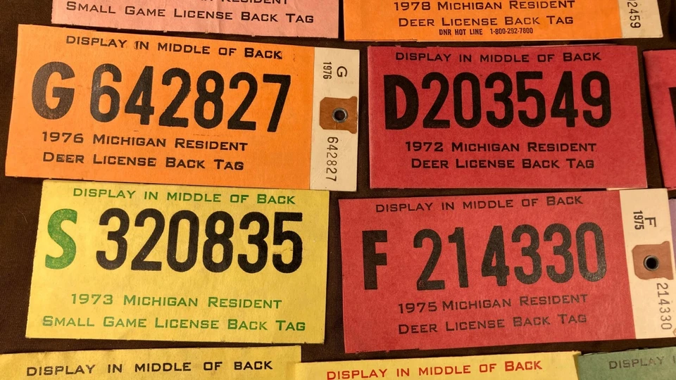 Licencias de caza Michigan Back Tag vintage años 70 71 72 73 74 75 76 77 78 79 Foto 4 de 4