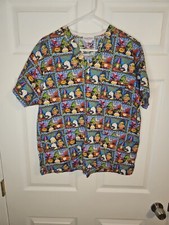 Peaches Halloween Scrub Top Womens Medium Witch Ghost Scarecrow Cat Fall Blue