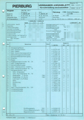 Einstelldaten Datenblatt Pierburg 2E3 Vergaser - Ford Sierra Scorpio 7.18150.09