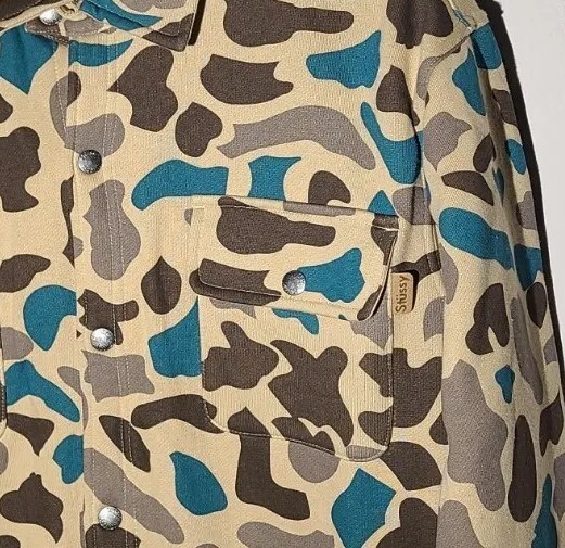 Stussy Camo Button Up Jacket Skate Y2K 90s USA Logo Brown Stussy Camo Button Up Jacket Skate Y2K 90s USA Logo Brown