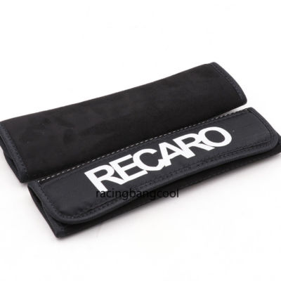 2pcs Black Embroidery Recaro Logo Suede Fabric Seat Belt Cover Shoulder Pads