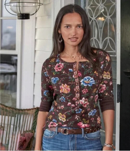 SUNDANCE Floral Haven Henley Top Size L 100% Cotton Thermal Waffle Knit Brown