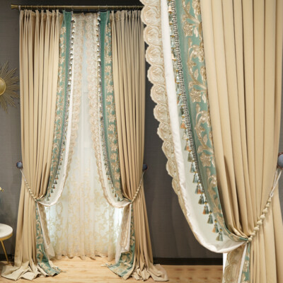 upscale American beige stitching green velvet cloth blackout curtain drape C1766