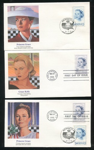2749 Prinzessin Grace Kelly 3 verschiedene First Day Abdeckungen FDC 1992 Fleetwood