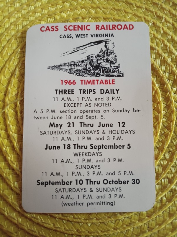 Cass Scenic Railroad:  Train Schedule 1966 Timetable Calander Rare