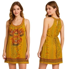 Twenty One Boho Embroidered Floral Yellow Sleeveless Tunic Dress Cotton Size XS