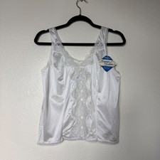 VTG 70's Dupont Antron III White Lace Trim Satin Camisole Anti-Static Sz L