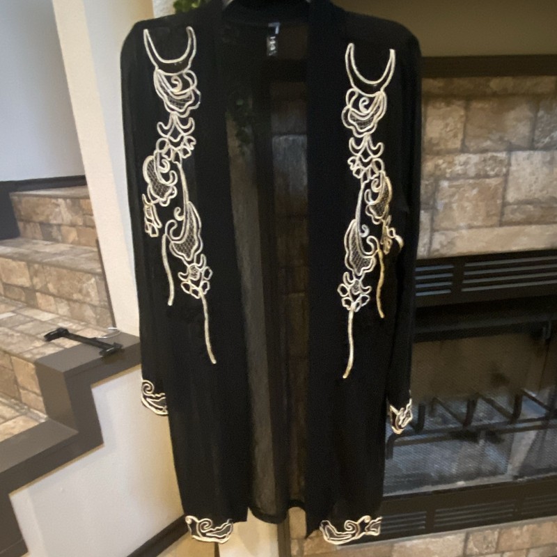 Fashion 1.2.3 Black White Floral Embroidered Sheer Mesh Kimono Jacket Women
