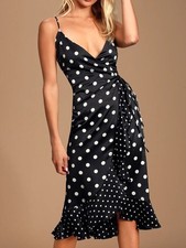 Lulus NWT Size XS Love Dottie Black Polka Dot Satin Wrap Dress