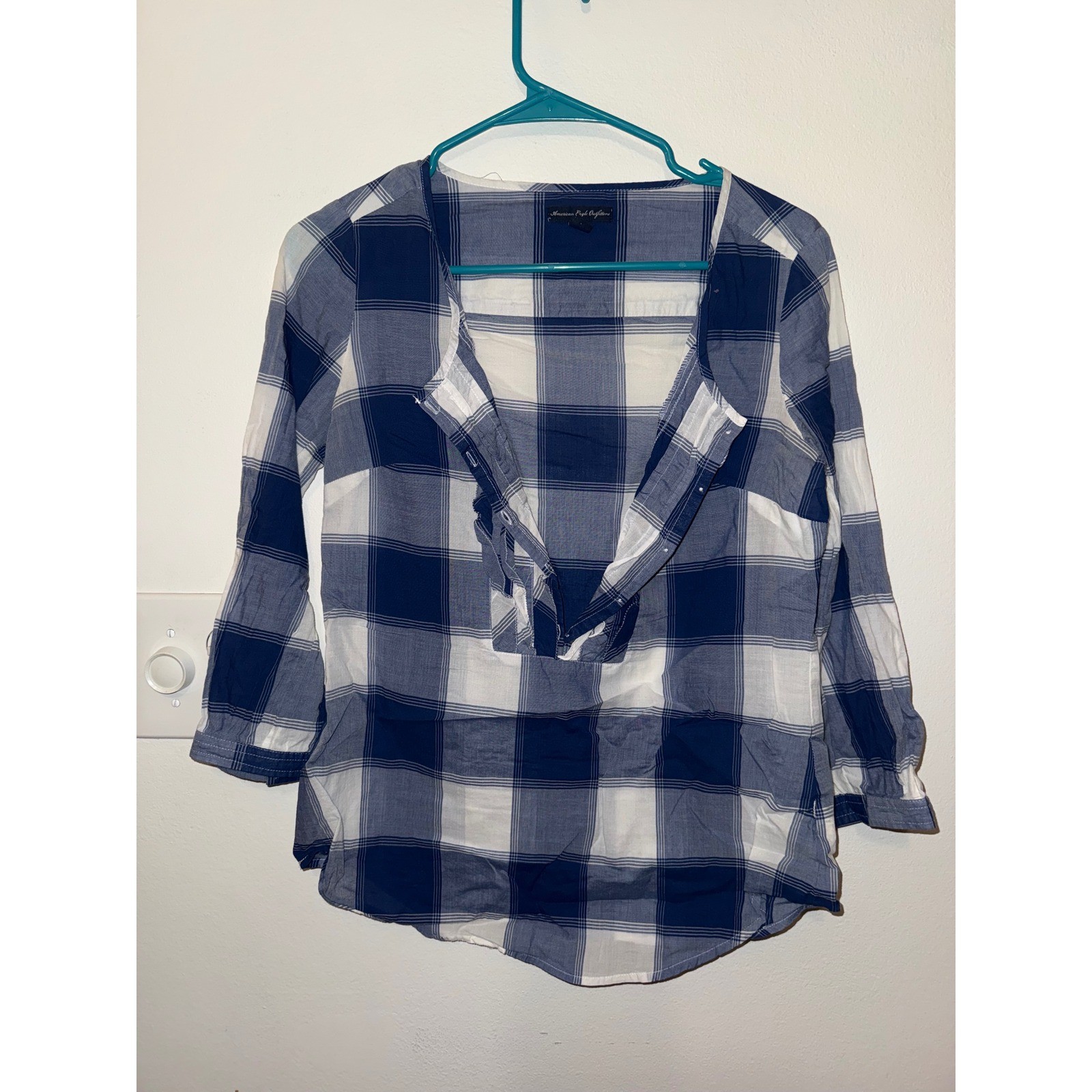 American Eagle Outfitters Blue Plaid Button Up Henley 3/4 Sleeves Size 4 Y2K